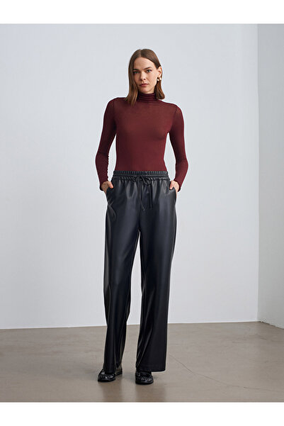 Dilvin 72230 Elastic Waist Faux Leather Trousers-Black