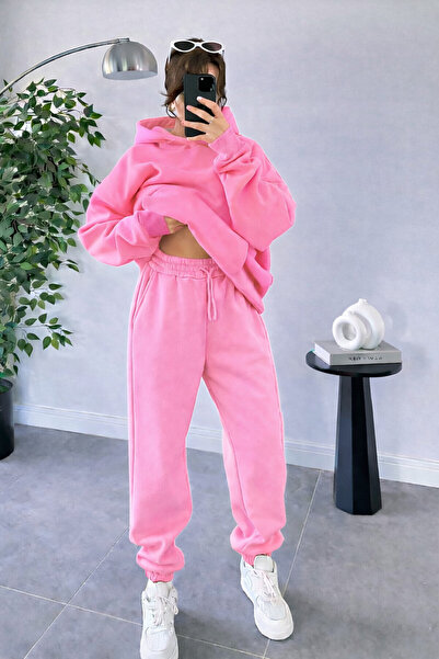 YAKAMEL Kadın Oversize Trend Model Kanguru Cep Kapşonlu Sweatshirt Eşofman Ta...