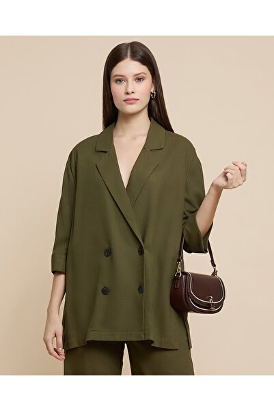 R&B بليزر سادة مزدوج الصدر بأكمام طويلة