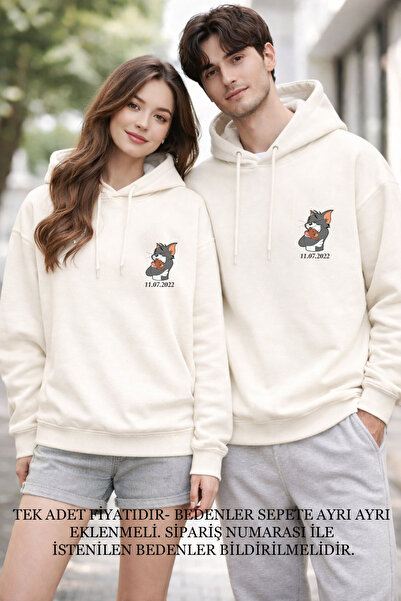 MODA Kişiye Özel Tarih Baskılı Sevgililer Günü Hediyesi Çift Kombin Ekru Swea...
