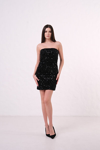 AURA Kelsey Shiny Sequin and Beaded Velvet Strapless Dress