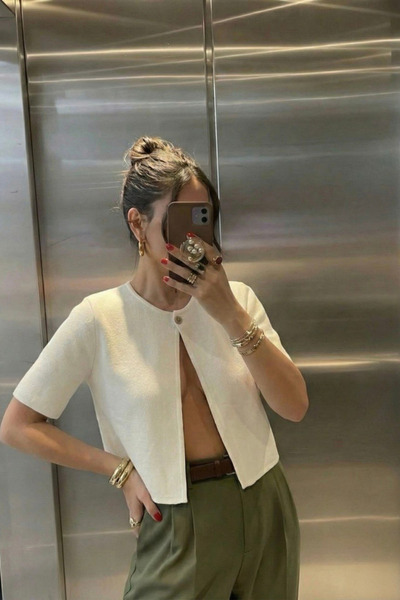 oshebu White-Women's Short Sleeve Knitwear Cardigan