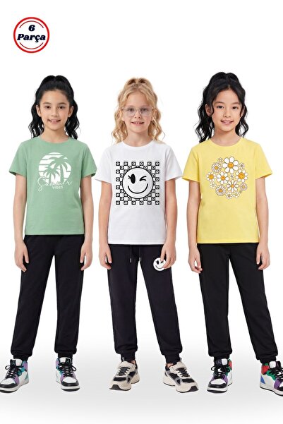 panios kids Tricou cu gât rotund cu imprimeu din 3 piese 6 piese pentru fete set