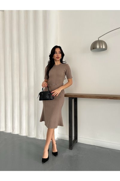 MODAMERSİ Kadın Vizon Kemer Detaylı Selanik Kumaş Elbise