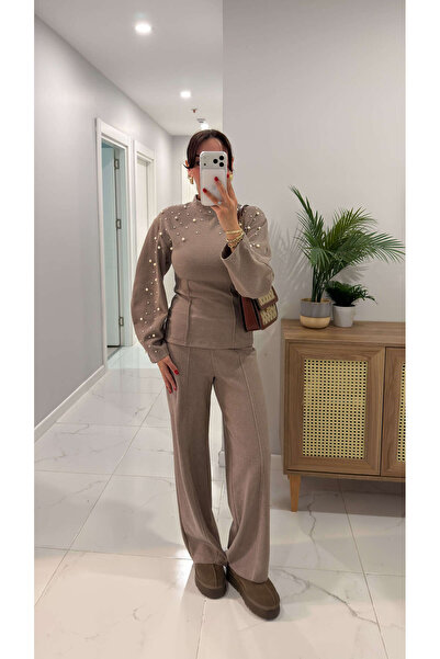 BİRCANÇİL Zr Wuss Mink Pearl Detailed Knitwear Trouser Set