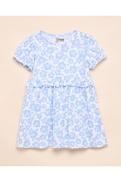 R&B فستان بقصة حرف A مطبوع عليه زهور، بياقة دائرية وأكمام منفوخة