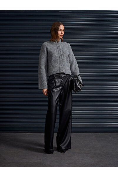 Dilvin 72238 Faux Leather Wide Leg Trousers-Black