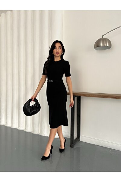 MODAMERSİ Women's Black Belt Detailed Thessaloniki Fabric Dress