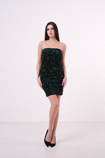 AURA Kelsey Shiny Sequin and Beaded Velvet Strapless Dress