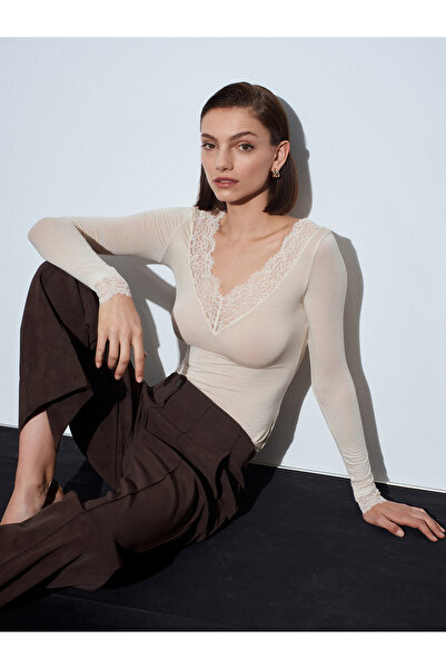Dilvin 32311 Lace Cashmere Blouse-Stone