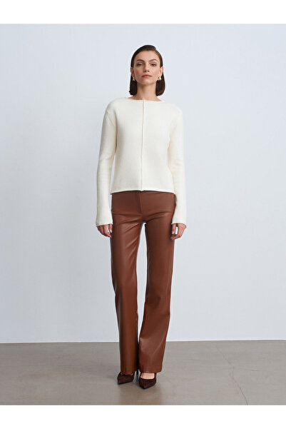 Dilvin 72237 Faux Leather Bell Bottom Trousers-Caramel