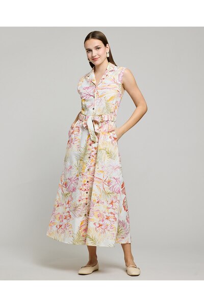 R&B فستان ميدي بدون أكمام بنقوش وياقة عريضة