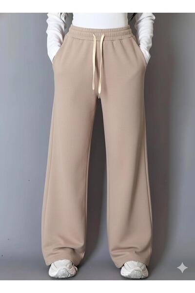 CAST COLLECTİON Women's Beige Fine Futter Wide Leg Sweatpants