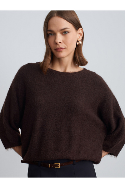 Dilvin 10852 Crew Neck Soft Textured Sweater-Brown