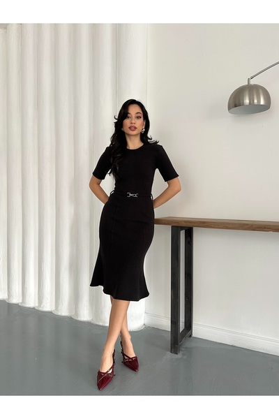 MODAMERSİ Women's Brown Belt Detailed Thessaloniki Fabric Dress