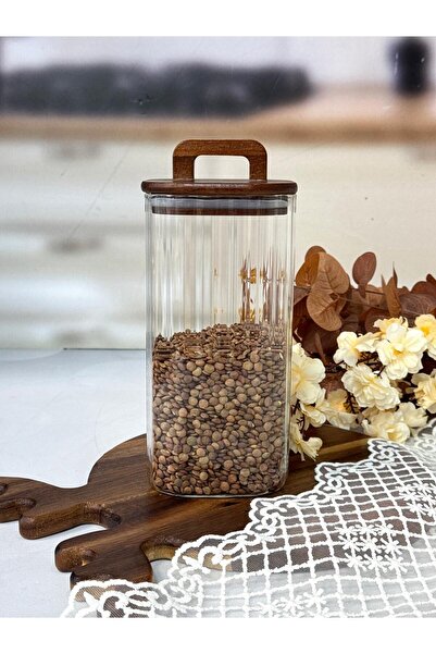 MİEN Kare Lıne Akasya Kapak Cam Kavanoz 1500 Ml TKEBT Şeffaf