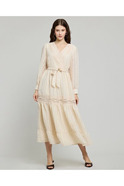 R&B Striped Tiered Dress with V-Neck and Bishop Sleeves