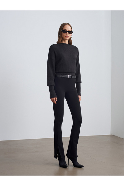 Dilvin 71911 Belt Detailed Flared Leggings-Black