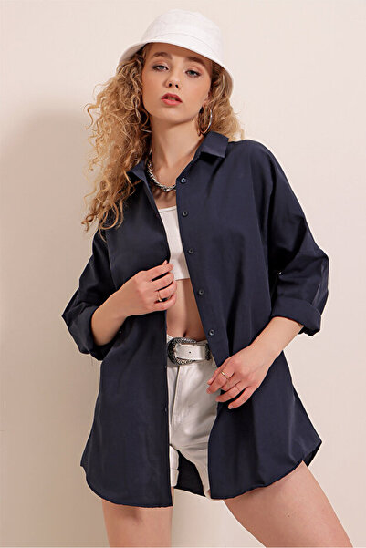 MODAMERSİ Women's Navy Blue Oversize Long Basic Shirt