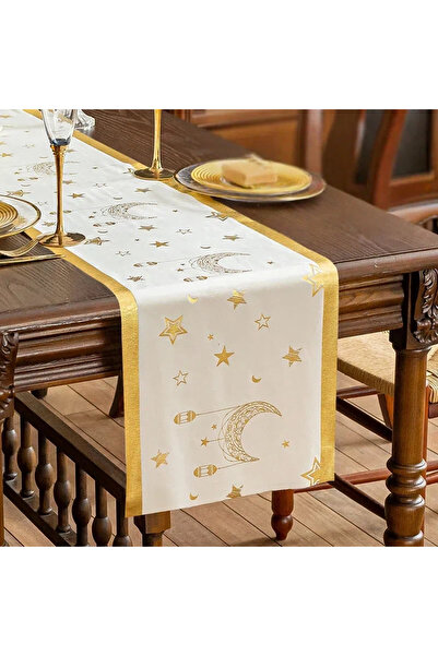 FridayIn 1 PCS Gold Moon and Star Table Runner Suitable for Ramadan Home Déco...