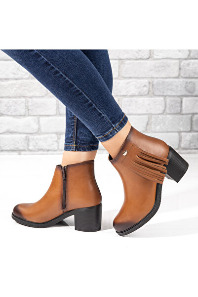 Modlet.ro Women's brown fringe heeled boots made of leather MOD05645