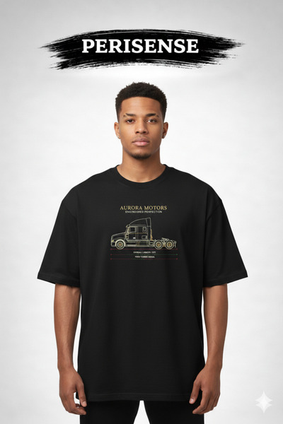 YRN COLLECTION تي شيرت للجنسين من Truck BLUEPRINT مطبوع مصنوع من القطن الممشط...