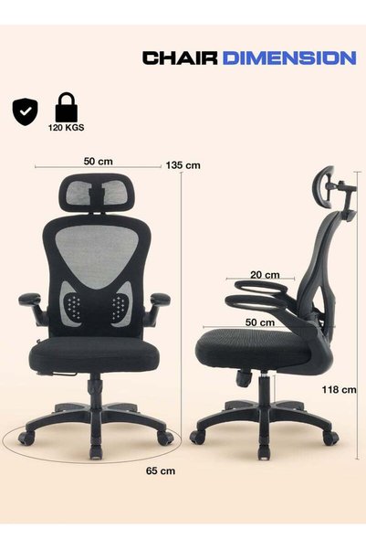 DROGO Ergonomic Office Chair, High Back Mesh Chair with Flip-Up Armrest, Recline & Lumbar Support