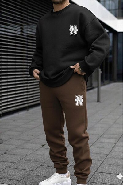 NO 601 Men's Black Crew Neck New York Printed Sweat Brown Tracksuit Set
