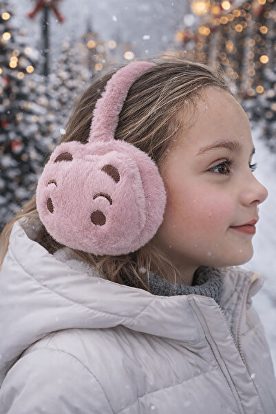 TAKIŞTIR Βελούδινα ακουστικά σε σκούρο ροζ χρώμα με φιγούρα αρκουδάκι