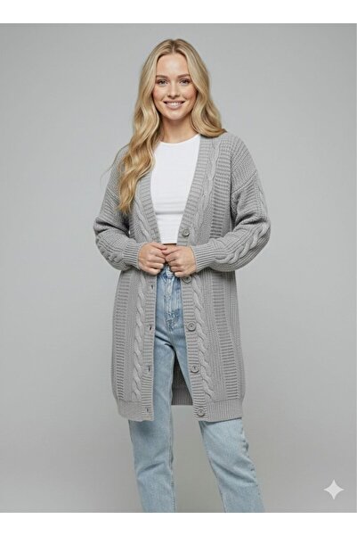 BW Bravely Wear Women's Gray Buttoned Cotton Knit Detailed Long Knitwear Card...