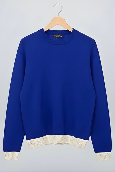 İmajButik Cobalt Blue Crew Neck Knitwear Sweater with Guipure Detail on Sleev...