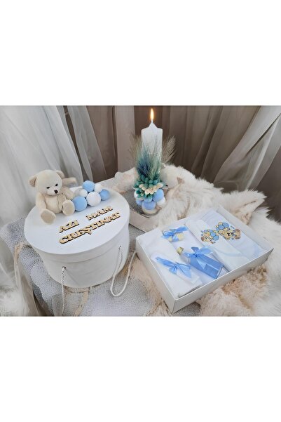 Inovius Baptism and Candle Set, 9 Pieces, with Teddy Bear, White and Baby Blu...
