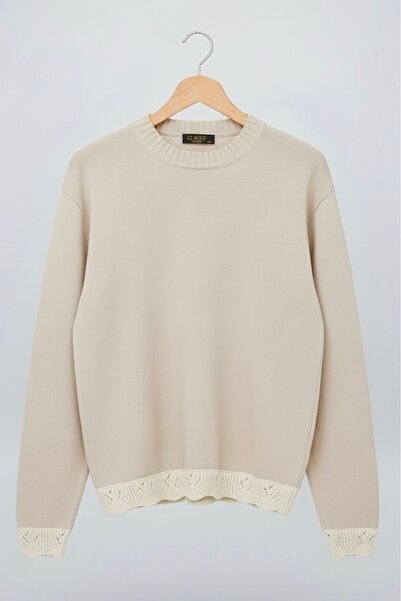 İmajButik Stone Crew Neck Knit Sweater with Guipure Detail on Sleeves and Hem
