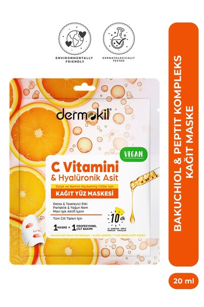 Dermokil C Vitamini & Hyalüronik Asit İçeren Kağıt Yüz Maskesi 20 ml