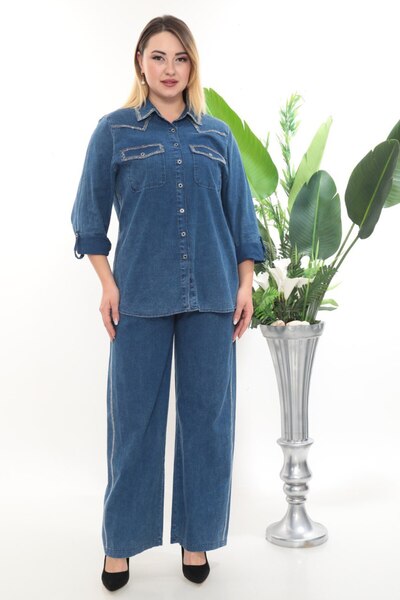 JERFİ Women's Plus Size Stone Printed Suit