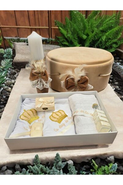 Inovius Trusou Botez cu 7 Piese + Cutie Catifea + Lumanare - Bej - TB912