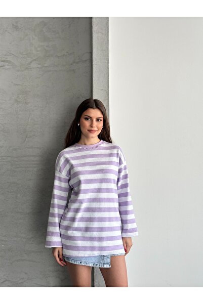 eyyebelle Women's Crew Neck Long Sleeve Striped Tunic