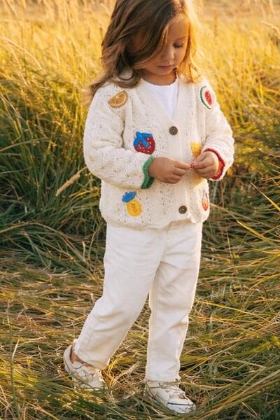 Monila Girl's Beige Color Applique Detailed Knitwear Cardigan and Canvas Trou...