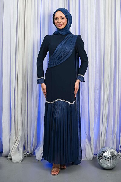 İmajButik Navy Blue Evening Dress with Draped Stones on the Front
