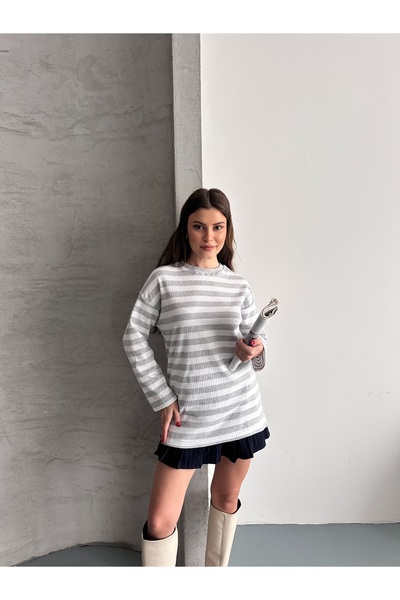 eyyebelle Women's Crew Neck Long Sleeve Striped Tunic