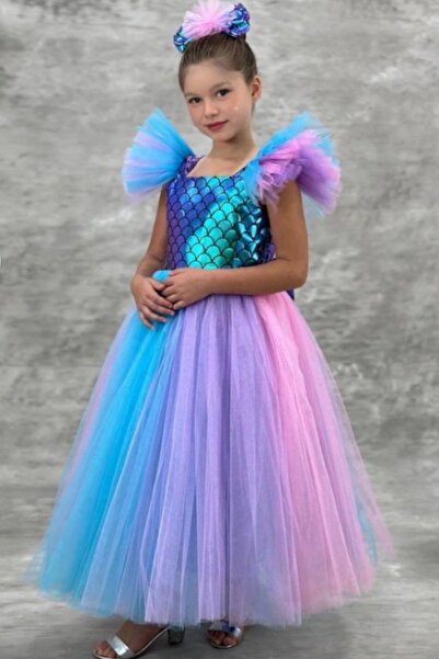 Cantoy Payetli Deniz Kızı Figürlü Tütülü Kız Çocuk Abiye ve Saç Aksesuarı