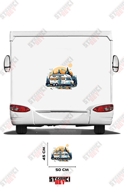 STİCKERCI BEY ملصق كرافان مرئي يصور الشمس الغروب والكرفان يقف بين الأشجار