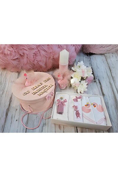 Inovius Baptism and Candle Set, 9 Pieces, with Swan, Pink, Velvet - TB248