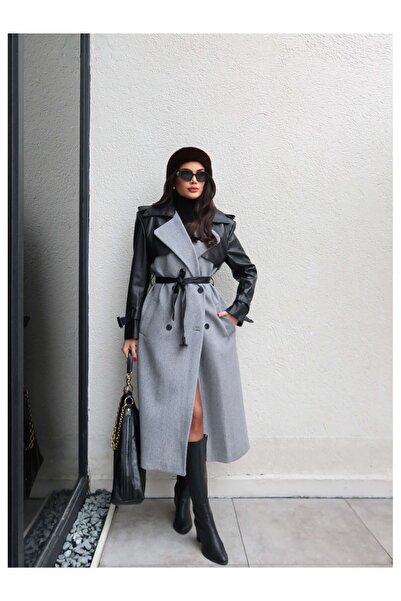 ESRAHELVACI Leather Detail Herringbone Coat