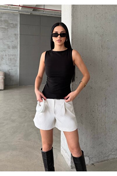 BEJNA Women's Black Gathered Soft Cotton Tank Top