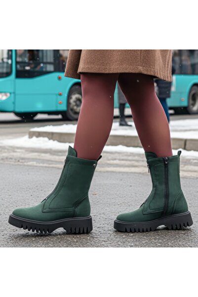 Modlet.ro Women's short green suede boots with zipper made of leather MOD09873
