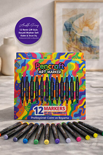 Anadolu Saray 12 Renk Çift Uçlu Keçeli Marker Seti | Kalın & İnce Uç | Profes...
