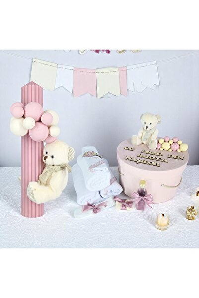 Inovius Σετ βαπτίσματος και κεριών, 9 τεμάχια, με αρκουδάκι, ροζ βελούδο - TB256