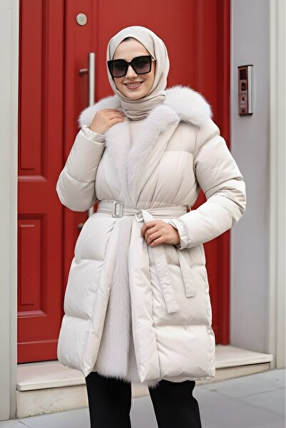 İmajButik Stone Collar Fur Belt Detailed Puffer Coat