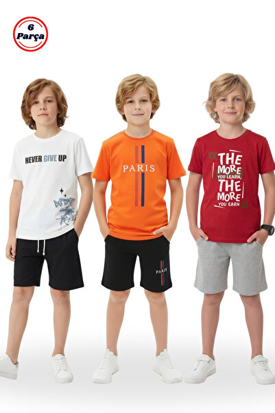 panios kids 3-Piece Crew Neck Print Detailed Boys' 6-Piece Top and Bottom Set